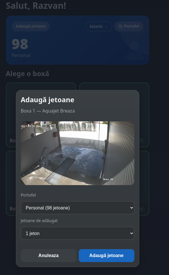 Modal de adăugare jetoane la boxă cu preview live de la camera boxei Aquajet Breaza