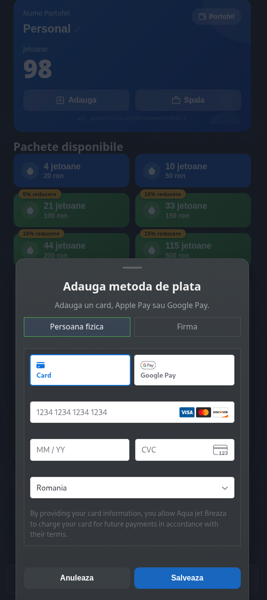Modal adaugă metodă de plată în Aquajet App cu opțiuni Persoană fizică și Firmă, card, Google Pay și Apple Pay