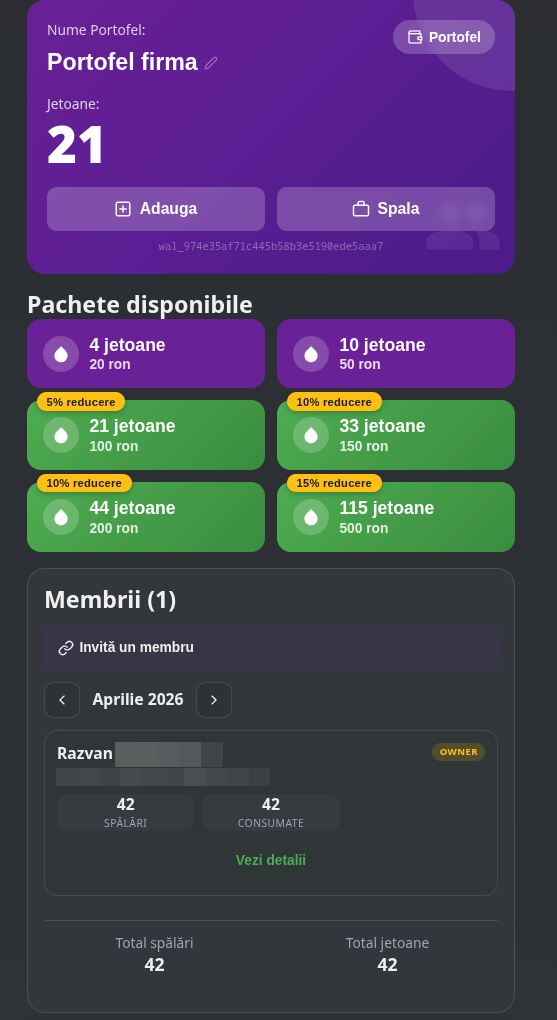 Portofel de firmă Aquajet App cu membri invitați și totaluri lunare de spălări