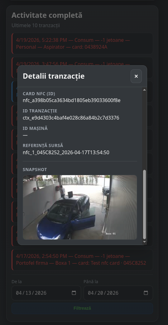 Istoric tranzacții Aquajet App cu detalii și snapshot foto de la boxă