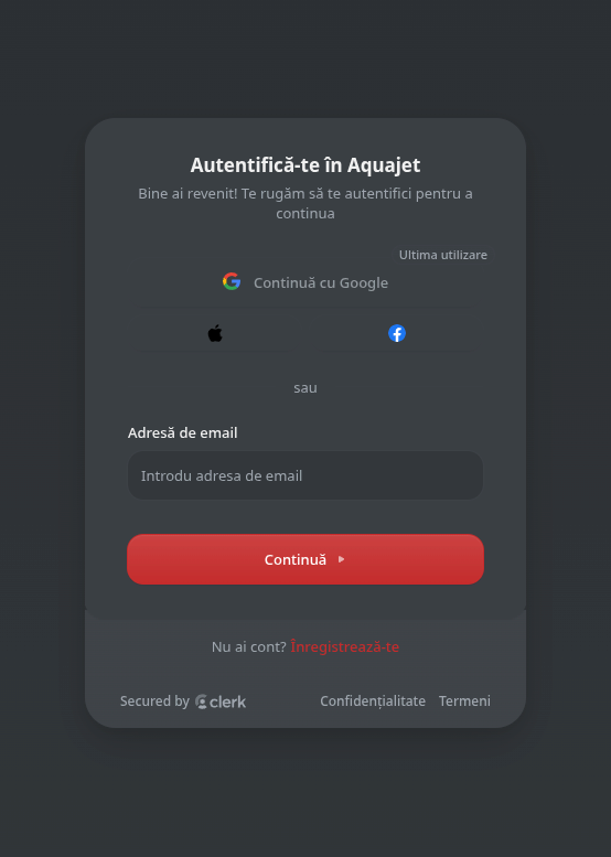 Ecran de autentificare Aquajet App cu opțiuni Google, Apple, Facebook sau email