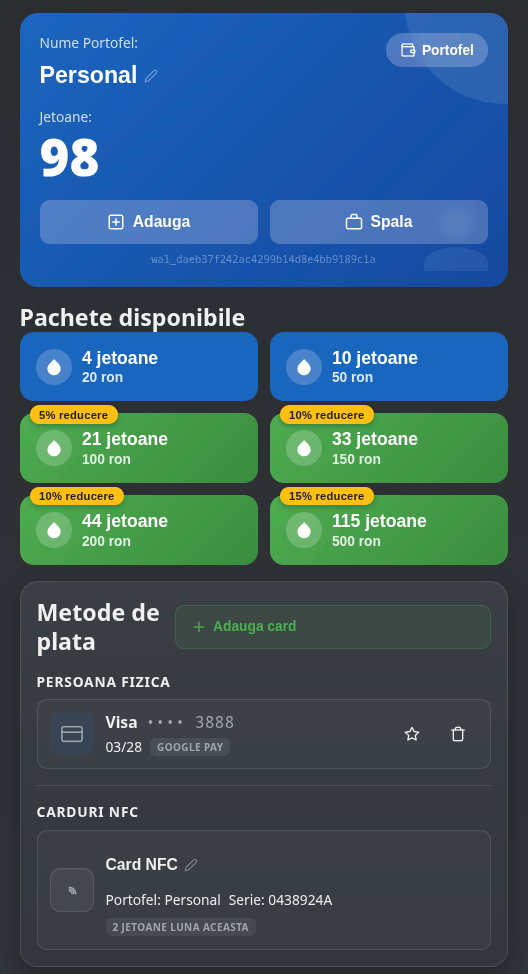 Portofel personal în Aquajet App cu pachete de jetoane, card bancar salvat și card NFC