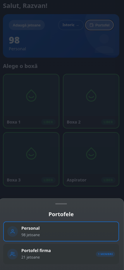 Bottom sheet de selecție portofel în Aquajet App cu opțiunile Personal și Portofel firma