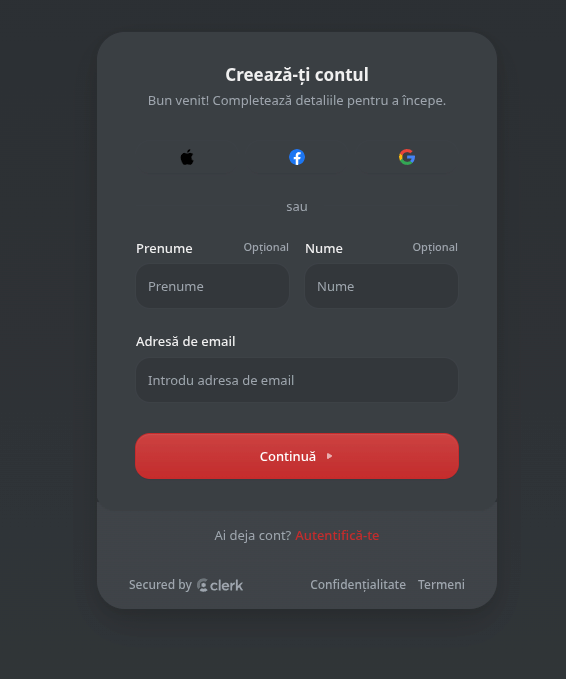 Ecran de creare cont Aquajet App cu autentificare Google, Apple, Facebook sau email